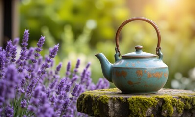 Vintage teal teapot surrounded by blooming lavender in a serene garden setting.