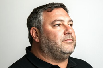 Fototapeta premium A handsome man in his 40s with a radiant smile. Pure white solid background. Fashionable men's short caesar haircut - midlife white man with hair. Conceptual art of style for aging men.