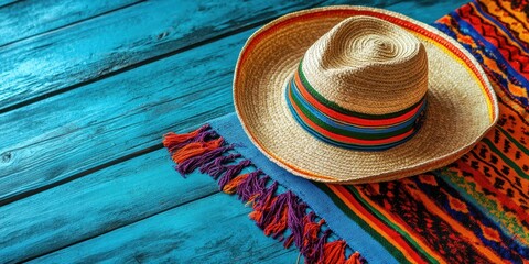 Colorful sombrero on vibrant woven blanket against a rustic blue wooden surface