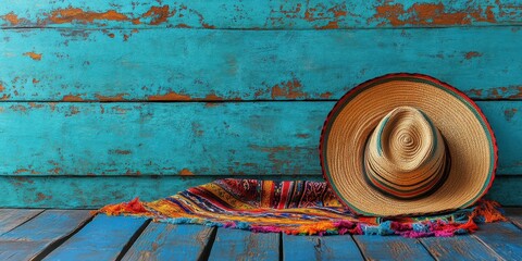 Colorful woven blanket and sombrero against a rustic blue wall in a cozy setting