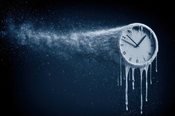 Frozen clock melting in a dark space.