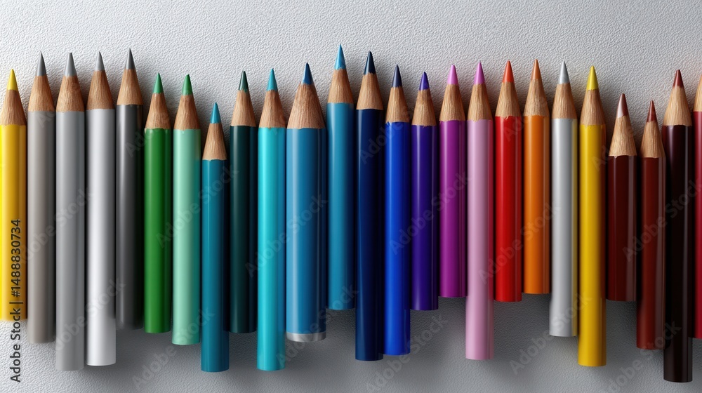 Poster a row of colored pencils are lined up on a white surface