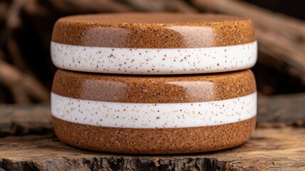 Two brown and white striped ceramic containers.