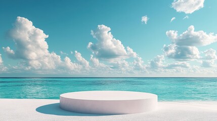 Podium for showcasing products on a tranquil beach, bright blue sky and light, abstract clouds in the background