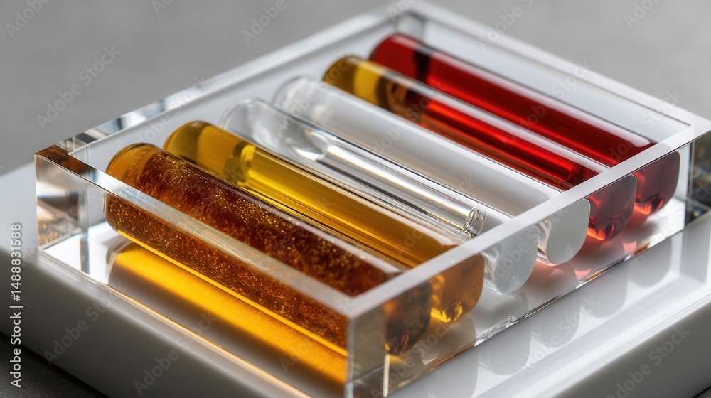Aufkleber a clear plastic container with five different colored tubes inside