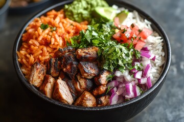 a colorful burrito bowl with rice, beans, and an assortment of fresh toppings