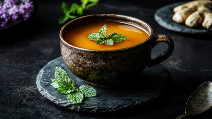 Aromatic ginger tea in a rustic cup, garnished with fresh mint, served on a dark stone coaster.