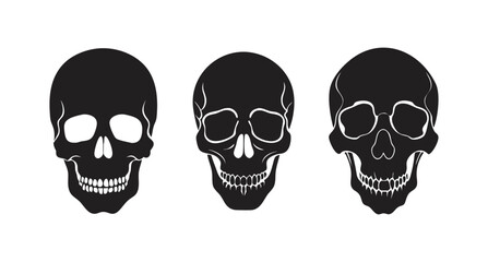 Skeleton silhouettes set, a large pack of vector silhouette designs, skull icon. Black silhouette of a cracked Vintage human skull. Vector illustration isolated on a white background 