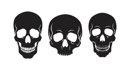 Skeleton silhouettes set, a large pack of vector silhouette designs, skull icon. Black silhouette of a cracked Vintage human skull. Vector illustration isolated on a white background 