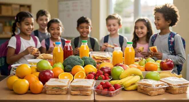 Uma mesa de lanche escolar cheia de op&ccedil;&otilde;es saud&aacute;veis e coloridas, como frutas, sandu&iacute;ches e sucos, com crian&ccedil;as felizes compartilhando e conversando ao fundo