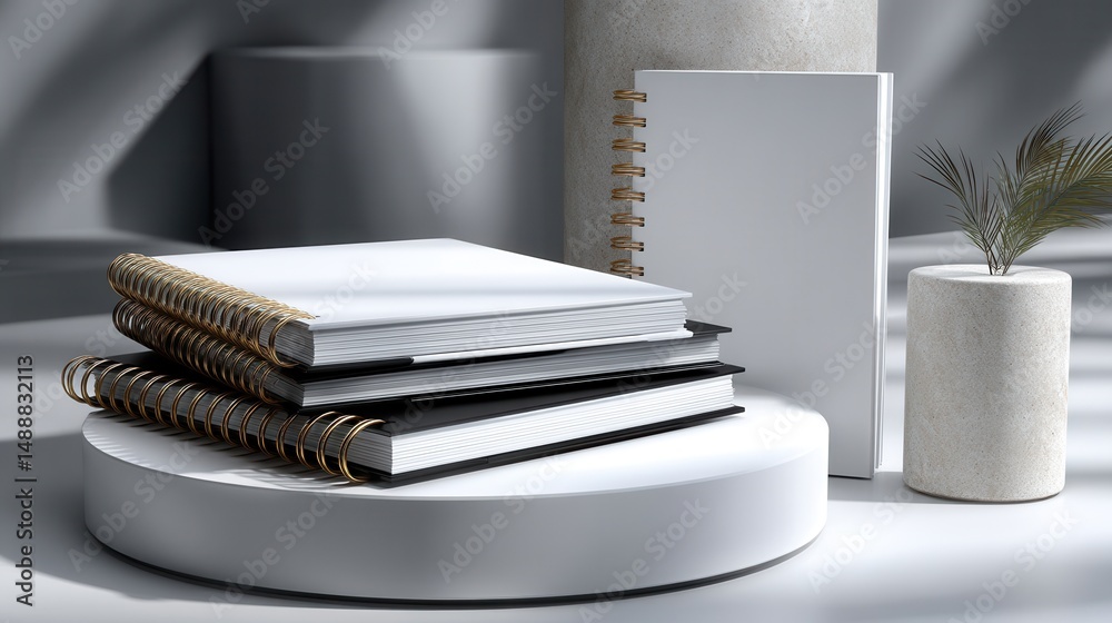Poster a stack of notebooks and a white vase with a plant in it