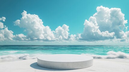 Podium with copy space for product display on a beach, bright blue sky with soft white clouds forming a serene backdrop