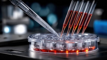 A lab experiment with a clear dish with red liquid in it