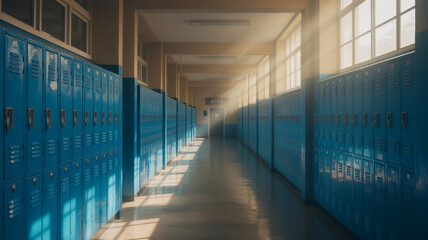 Bright morning light streams through school hallway lined with blue lockers, creating a serene atmosphere for students