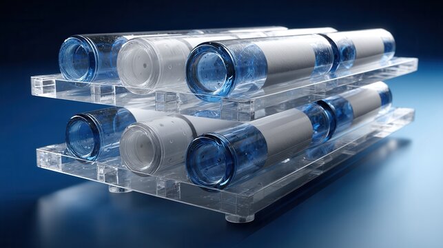 A stack of clear plastic bottles with blue tops