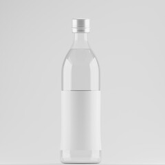 A clear glass bottle with a silver cap and a blank white label, likely a mockup for water or another beverage.