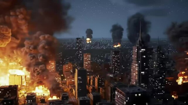 aerial view of massive explosions and fire engulfing large city during missile attacks, dramatic urban warfare scene with destruction, smoke, and chaos for war footage, news coverage
