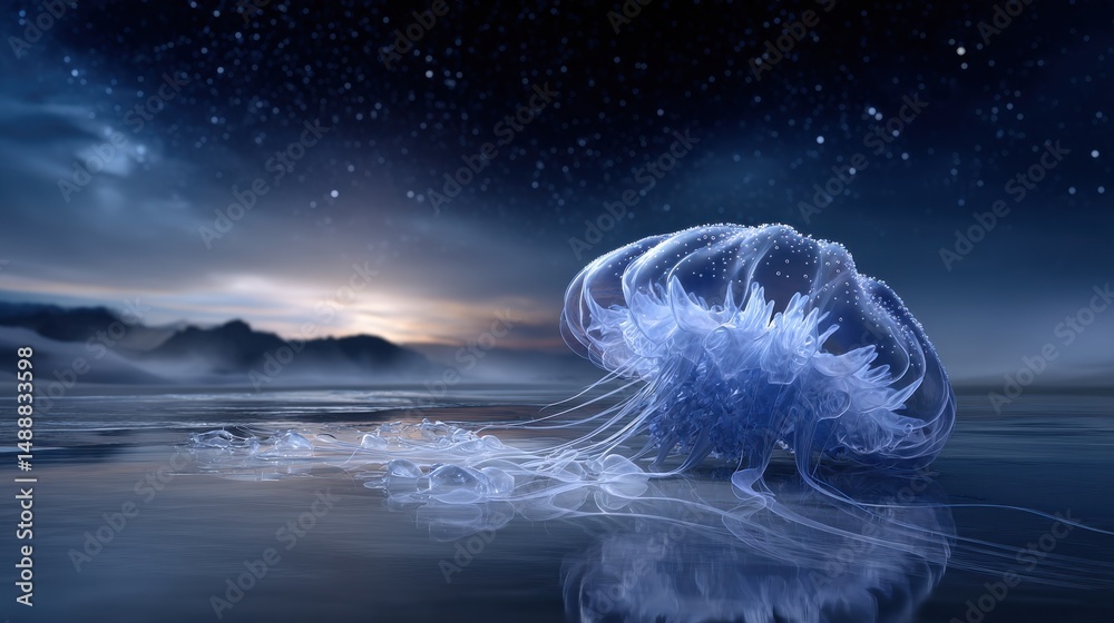 Poster A jellyfish is floating in the water with the sun setting in the background