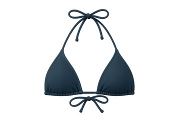 Navy bikini top featuring delicate straps knotted elegantly, set against transparent backdrop, highlighting summer fashion design