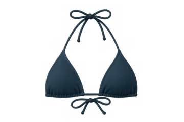 Navy bikini top featuring delicate straps knotted elegantly, set against transparent backdrop, highlighting summer fashion design