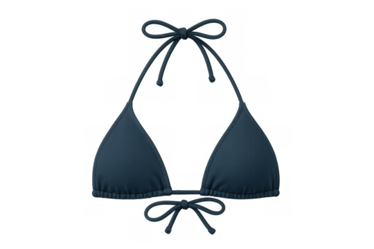 Navy bikini top featuring delicate straps knotted elegantly, set against transparent backdrop, highlighting summer fashion design