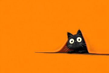 A flat illustration of a black cartoon cat with round eyes peeking from under a blanket-like shadow on a bright coloured surface, with its ears and eyes fully visible, minimalist composition 