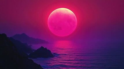 Vibrant pink moon over a purple ocean