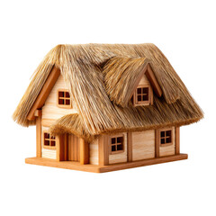 Detailed wooden house with thatched roof miniature isolated on transparent background