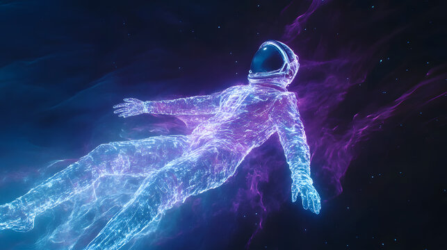 Astronaut floating in space appears as a hologram with glitch effect, ultra wide angle, outer space, loneliness, sci-fi, realism