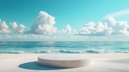 Product display podium set against a beach with blue sky and soft white clouds in the background 
