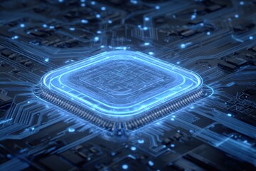 Close-up view of a central processing unit on a circuit board.