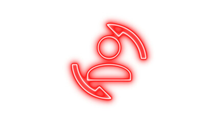 Neon icon of a person with two arrows circling around, symbolizing user interaction or refresh