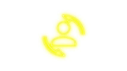 Neon icon of a person with two arrows circling around, symbolizing user interaction or refresh