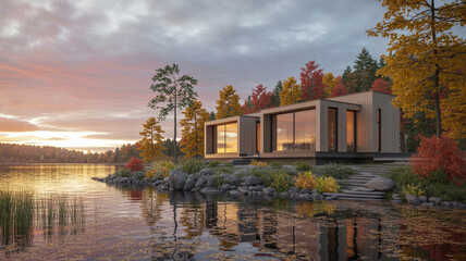 Obraz premium Modern lakeside cabin surrounded by vibrant autumn foliage reflecting at sunset