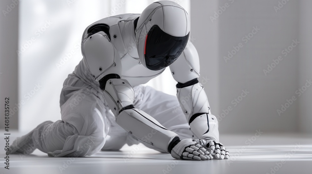Poster a robot is kneeling on the floor with its hands on its knees