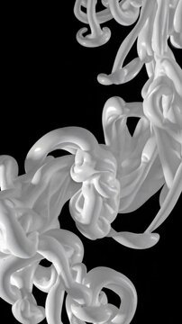 Tourbillons blancs fluides en suspension sur fond noir, texture liquide artistique et abstraite

