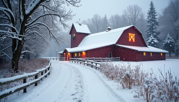 Peaceful Winter Night with Illuminated Red Barn in Rural Countryside - Powered by Adobe