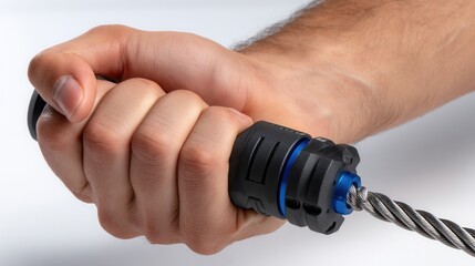 A hand holding a tool with a blue and black grip