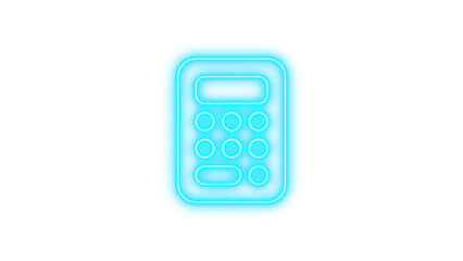 Glowing neon calculator icon on a dark background, featuring a rectangular shape with rounded corners and circular buttons