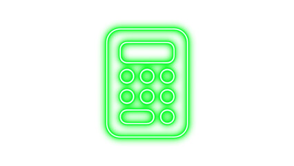 Glowing neon calculator icon on a dark background, featuring a rectangular shape with rounded corners and circular buttons