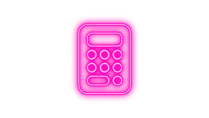 Glowing neon calculator icon on a dark background, featuring a rectangular shape with rounded corners and circular buttons