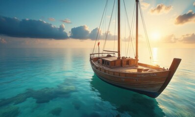 A wooden sailing boat anchored in calm turquoise waters during a stunning sunset.
