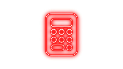 Glowing neon calculator icon on a dark background, featuring a rectangular shape with rounded corners and circular buttons