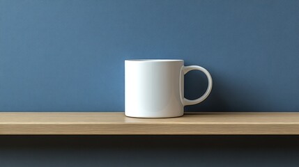 Fototapeta premium White mug on light shelf against a deep blue wall
