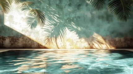 Relaxing summer atmosphere, plaster wall, pool water glowing in the sunlight, palm shadows on the surface 