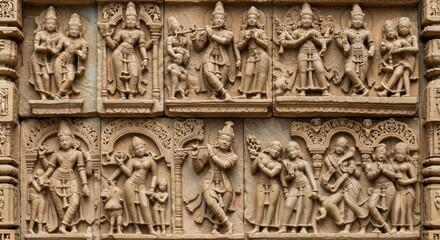 Obraz premium Intricate Indian Relief Sculptures Depicting Mythological Scenes and Deities