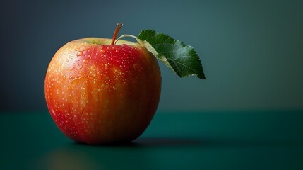 Crisp, red apple on green with leaf and water droplets for freshness appeal
