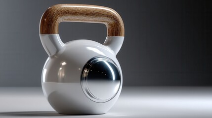 A white kettle with a wooden handle sits on a table
