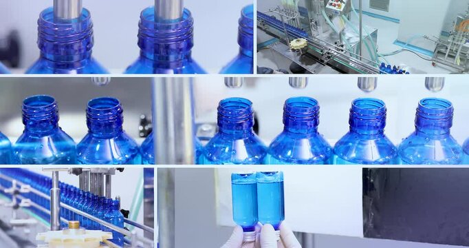 Pharmaceutical manufacturing line for liquid medicine production, automatic bottle filling machine for syrup, sanitizer, or gel in plastic bottles at sterile industrial packaging facility