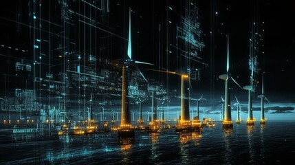 Offshore Wind Farm Digital Overlay Night Scene Futuristic Energy Technology Renewable Power Sustainable Electricity Clean Energy Modern Infrastructure Global Warming     